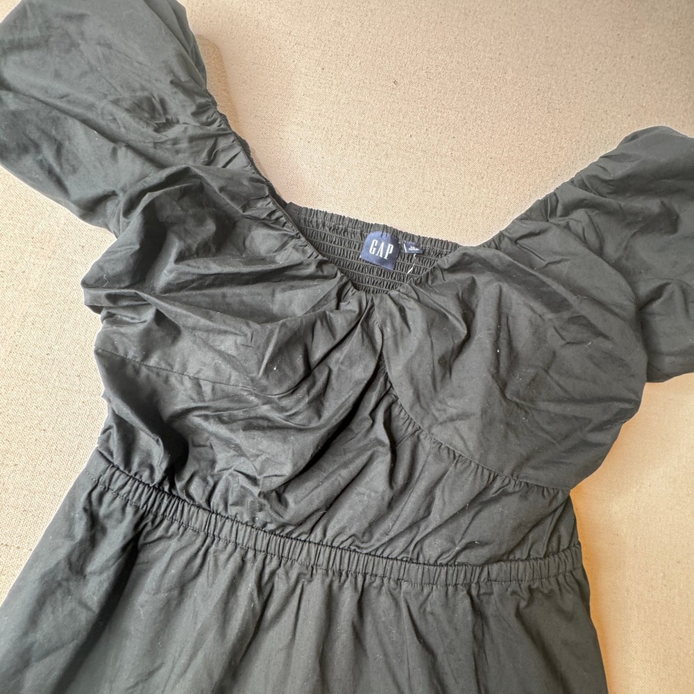 GAP Black Cotton Puff Sleeve Tiered Mini Dress Smocked Back Pockets‎ Women's Med